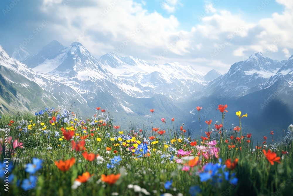 Fototapeta premium A dreamy view of colorful wildflowers swaying in the breeze, set against the grandeur of snow-capped mountain ranges.