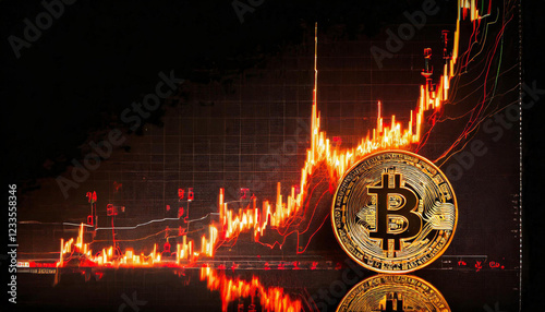 Bitcoin coins fire is burning sign In the stock graph is going up background, virtual cryptocurrency exchange