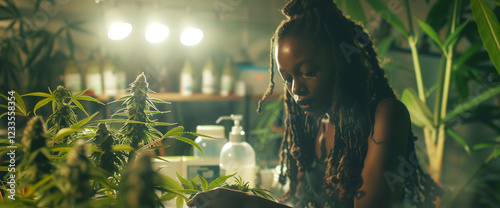 Cannabis grower beautiful sexy woman apothecary herbal products in the room shop