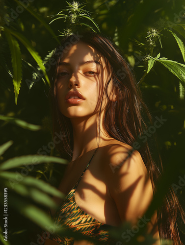 Beautiful young woman standing in a cannabis plantation