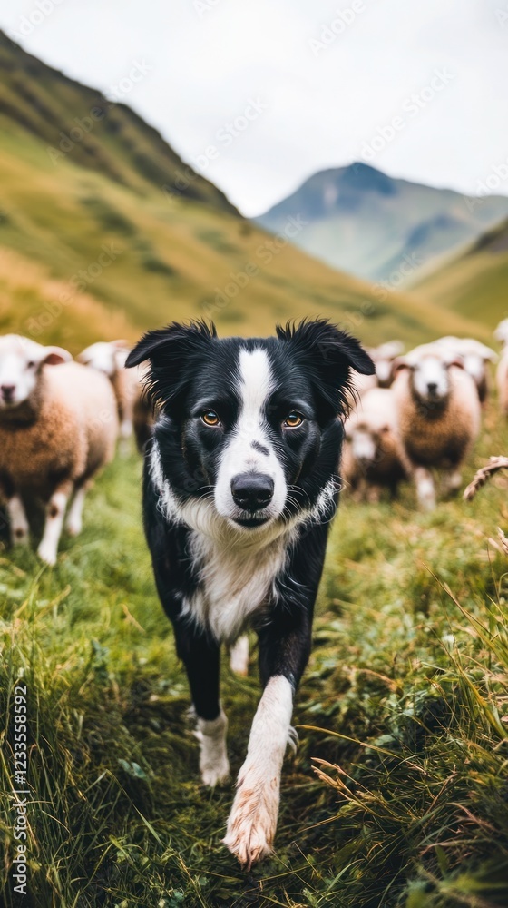 Obraz premium Border Collie herding sheep in mountainous pasture.