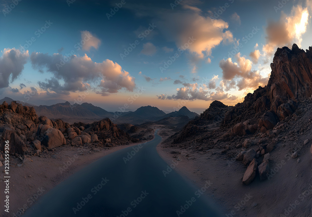 Fototapeta premium Sunset Drive through the Sinai Mountains: A Serene Desert Panorama
