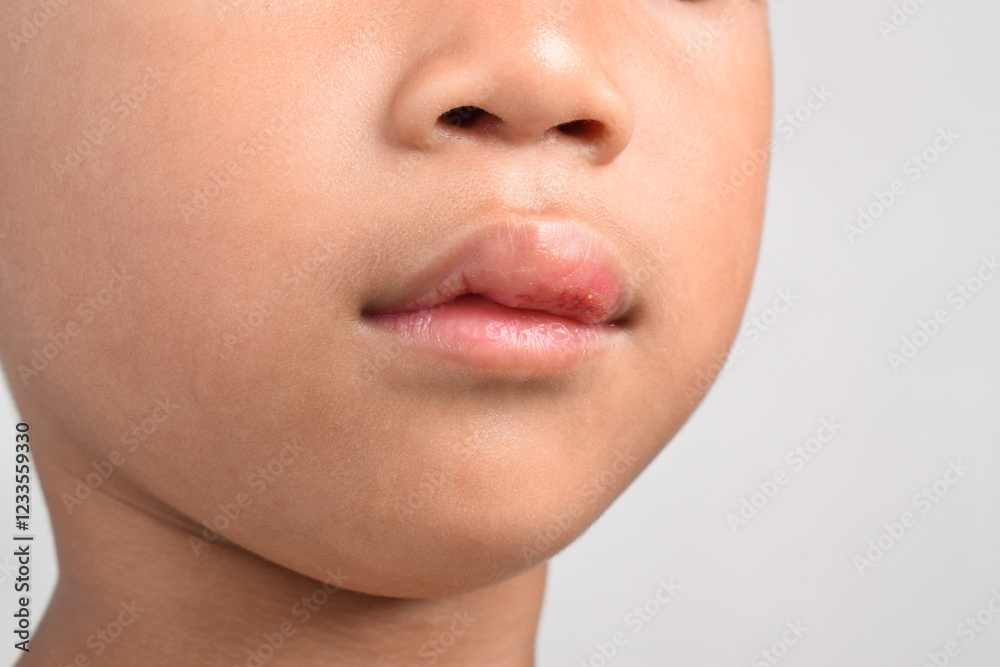 Obraz premium Close up of Injured Asian boy with swollen and bleeding mouth due to fall