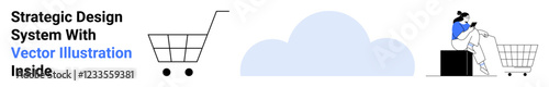 Two shopping carts, a cloud shape, and a person sitting on a box while browsing a laptop. Ideal for e-commerce, online services, digital platforms, cloud systems, retail, virtual shopping flat