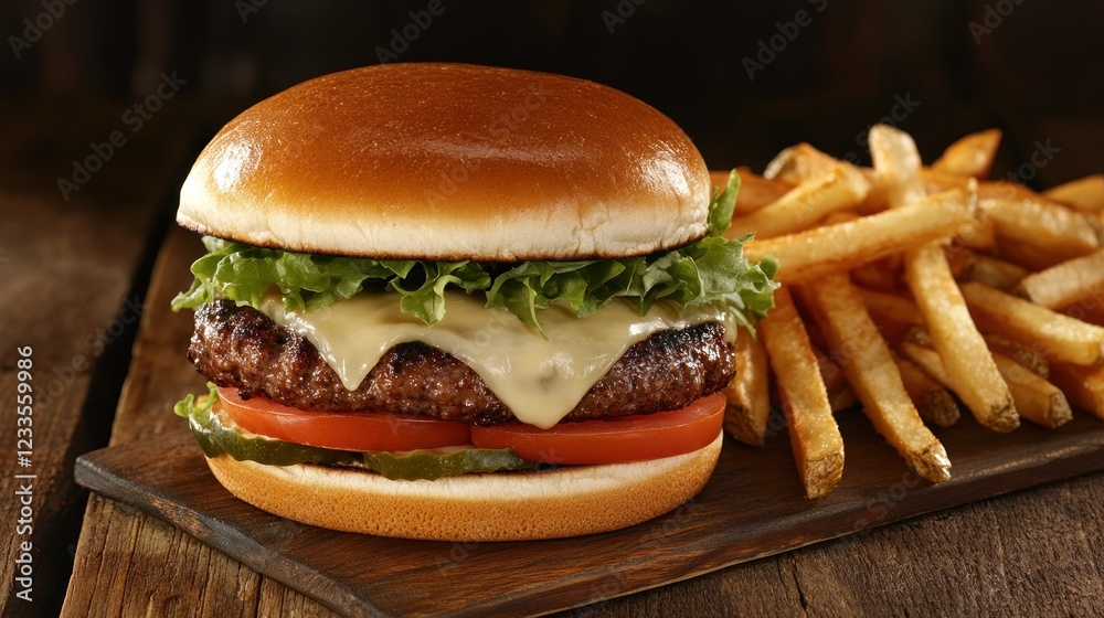 Juicy cheeseburger with fries on wooden board. Delicious fast food meal Juicy cheeseburger with fries on wooden board. Delicious fast food meal