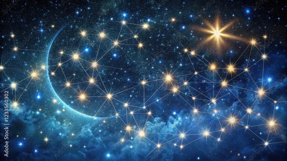 Obraz premium Celestial majesty, a tapestry of twinkling stars against a deep dark canvas of night sky, with scattered constellations and a crescent moon #StarsTwinkling , astronomy, celestial