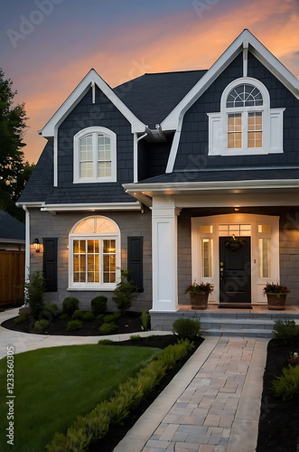 Luxury Home Exterior at Dusk: Modern Architectural Design, Landscaping, and Real Estate Photography
