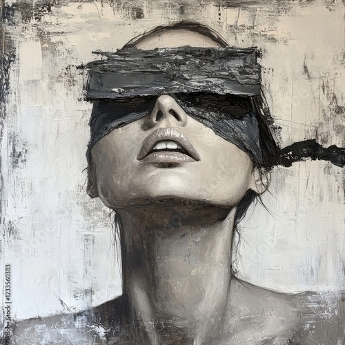 Abstract Expression of Emotion Through a Blindfolded Woman Emphasizing Vulnerability and Strength Captured in Monochrome Artistic Style