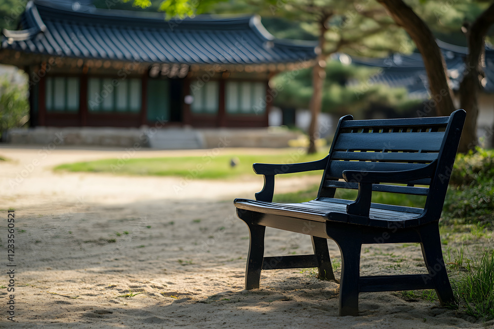 Tranquil Bench in a Korean Garden: Serene Solitude Tranquil Bench in a Korean Garden: Serene Solitude
