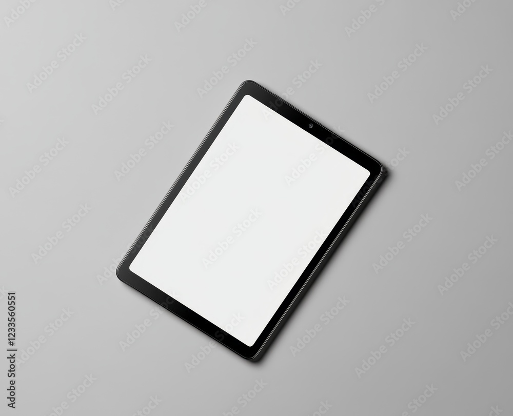 Black tablet computer with blank white screen on gray background. (2) Black tablet computer with blank white screen on gray background. (2)