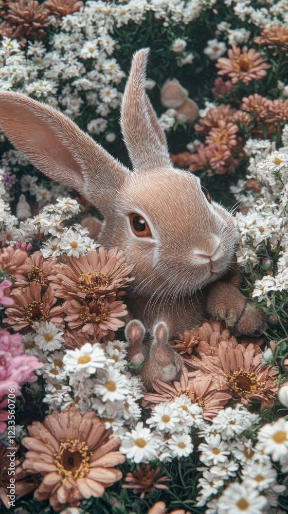 Obraz premium Adorable Bunny Rabbit Hiding in a Field of Flowers