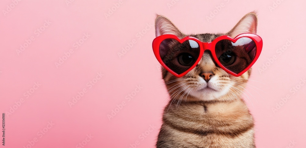Fototapeta premium A stylish tabby cat wearing bold red heart-shaped sunglasses against a pink backdrop, exuding charm and confidence. Perfect for Valentine's Day campaigns, pet merchandise, and creative advertising