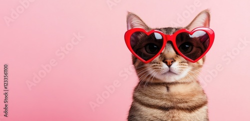 A stylish tabby cat wearing bold red heart-shaped sunglasses against a pink backdrop, exuding charm and confidence. Perfect for Valentine's Day campaigns, pet merchandise, and creative advertising