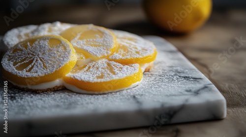 Lemon dessert slices, powdered sugar, marble board, wooden background, food photography photo