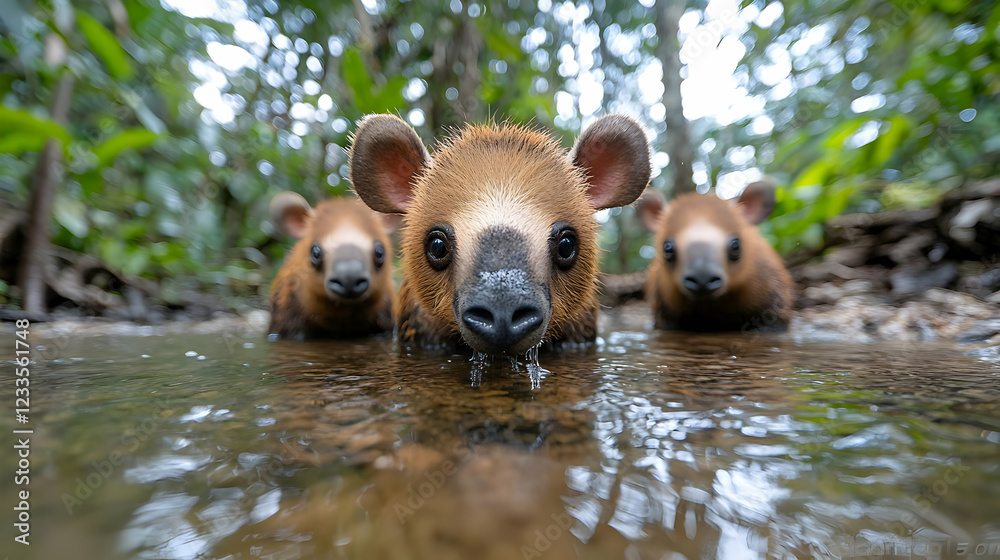 Fototapeta premium Three Red Pandas Playing in Jungle Stream