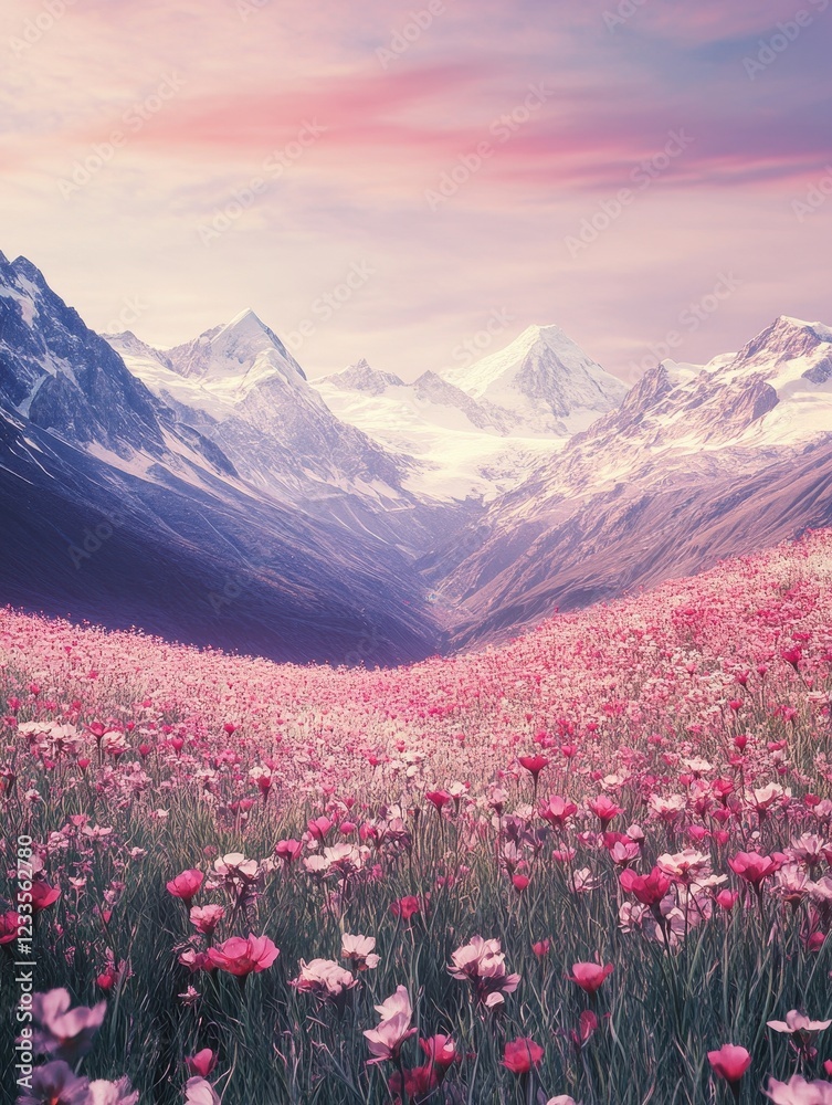 Obraz premium A tranquil scene of a field of red and pink wildflowers leading up to a range of snow-capped mountains under a pastel sky.