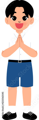 smiling boy wearing Thai school uniform with short blue pants illustration