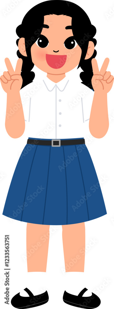 smiling girl wearing Thai high school uniform making two finger , peace illustration smiling girl wearing Thai high school uniform making two finger , peace illustration