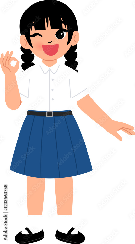 smiling girl wearing Thai high school uniform making ok hand illustration smiling girl wearing Thai high school uniform making ok hand illustration