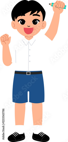 smiling boy wearing Thai school uniform with short blue pants raising fist, illustration