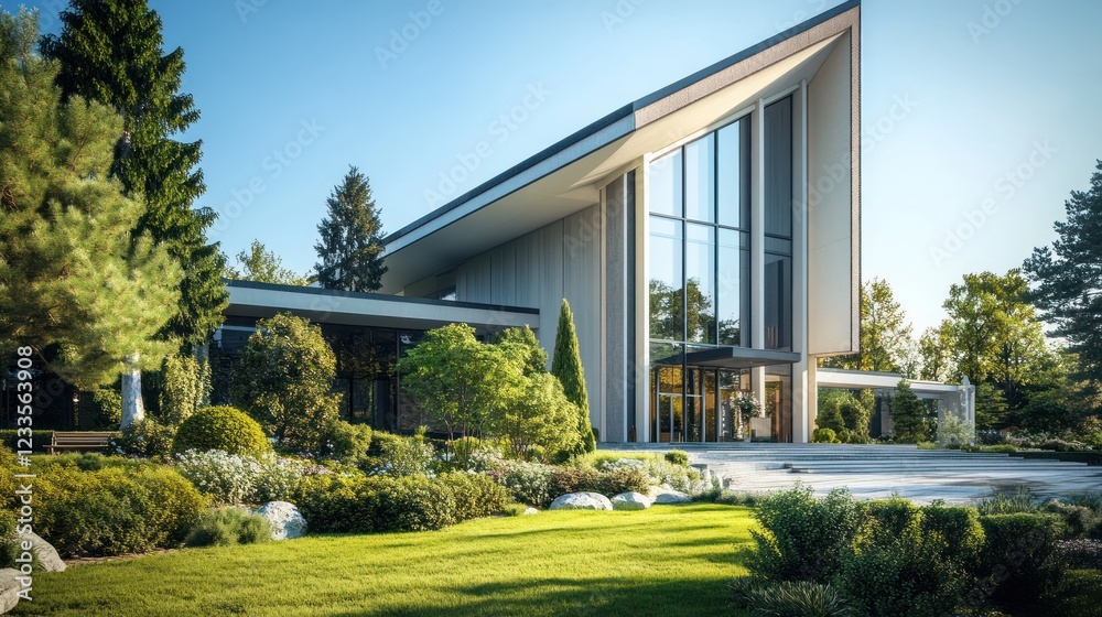 Modern building, landscaped grounds, sunny day, architectural design, corporate use Modern building, landscaped grounds, sunny day, architectural design, corporate use