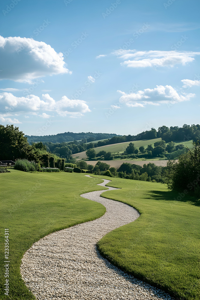Naklejka premium Serene Winding Path Through Lush Green Landscape
