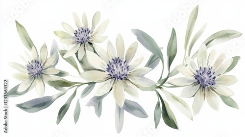 handpainted alpine edelweiss flowers in soft lavender and sage green delicate botanical watercolor with flowing brushstrokes