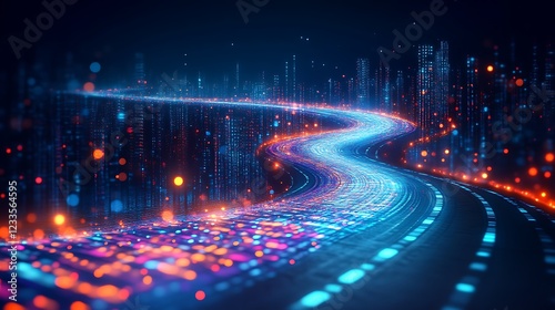 Digital Highway Illuminating a Futuristic Cityscape