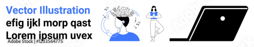 Man with creative thoughts in head, woman thinking with arms crossed, and laptop icon. Ideal for creativity, innovation, problem-solving, strategy planning, digital illustration, abstract concepts