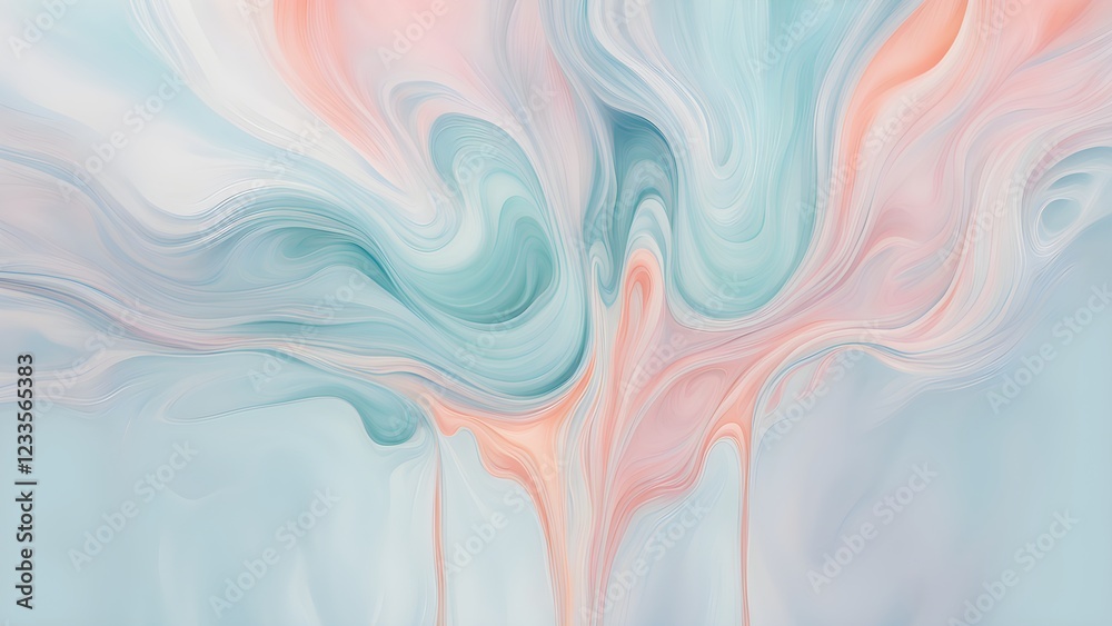 Abstract pastel blue and peach swirling marble texture background.