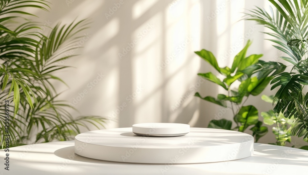 White round podium with tropical plants and sunlight.