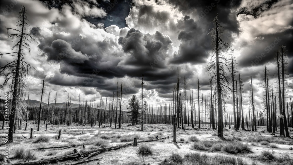 Fototapeta premium Black and white panorama captures nature's last breath; a forest's silent demise.