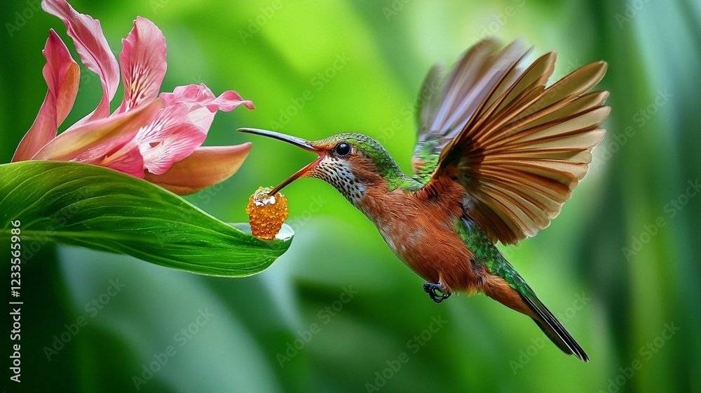 Fototapeta premium Hummingbird feeding on flower, rainforest, vibrant background, nature photography