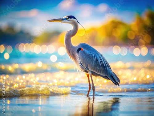 Blurred coastal background highlights a majestic great blue heron on Anna Maria Island. photo