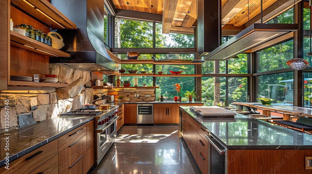 A modern kitchen featuring a blend of wood and stone, ample storage, and large windows for natural light A modern kitchen featuring a blend of wood and stone, ample storage, and large windows for natural light