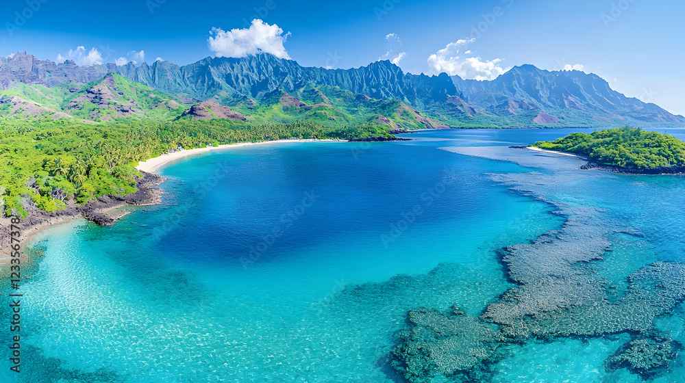 Fototapeta premium Aerial view of tropical beach, clear water, mountains