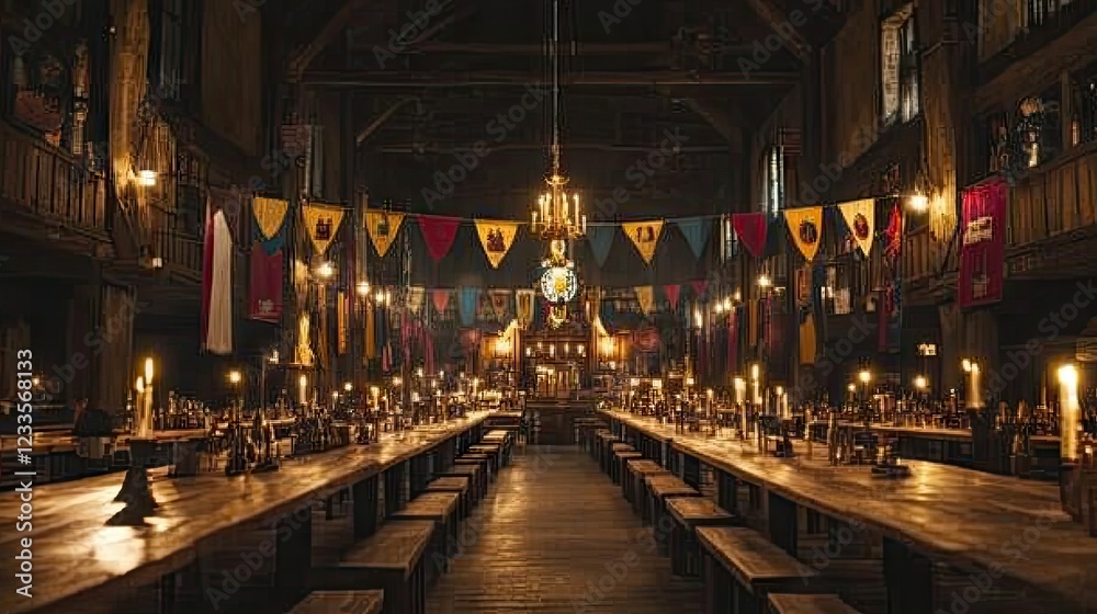 Grand Medieval Banquet Hall with Candlelit Tables and Colorful Banners for Events Grand Medieval Banquet Hall with Candlelit Tables and Colorful Banners for Events