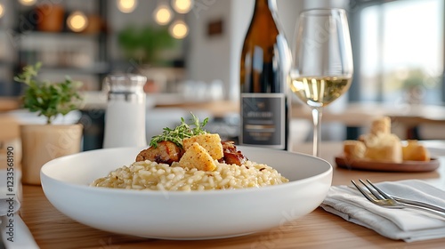 Delicious risotto served in a modern restaurant with a glass of white wine and elegant decor photo