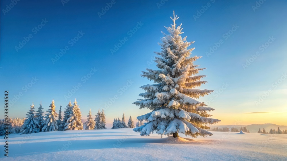Fototapeta premium A serene snow-covered fir tree stands alone in a winter landscape, its branches etched against the pale blue sky, snow covered firs, frozen forest