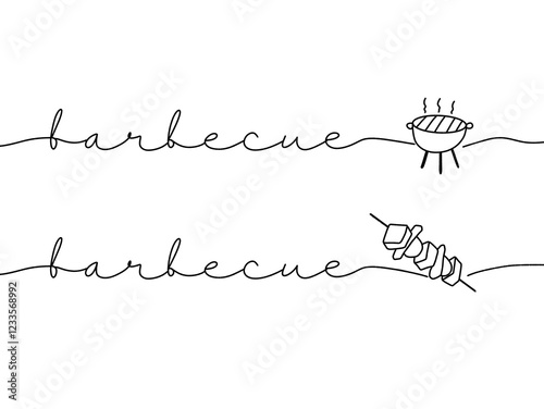 Barbecue party holiday monoline text. One line continuous concept barbecue banner. Line art barbecue short phrases illustration.