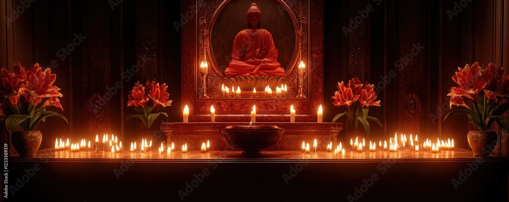 Serene Buddha statue candlelit shrine, flowers, calm background Serene Buddha statue candlelit shrine, flowers, calm background