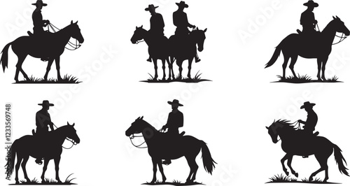 Cowboys on horses silhouettes on a white background Cowboy riding horse, Cowboy galloping with lasso, Vector illustrations isolated on white background