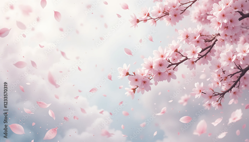A delicate ethereal scene where cherry blossoms float gently in the wind A delicate ethereal scene where cherry blossoms float gently in the wind