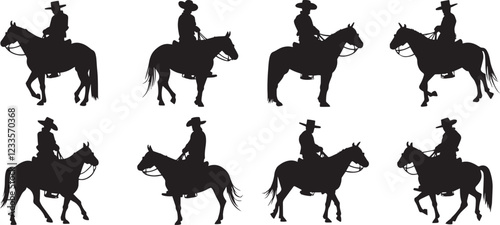 Cowboys on horses silhouettes on a white background Cowboy riding horse, Cowboy galloping with lasso, Vector illustrations isolated on white background