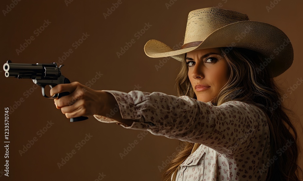 a woman wearing a cowboy hat, holding a toy gun, Generative AI a woman wearing a cowboy hat, holding a toy gun, Generative AI