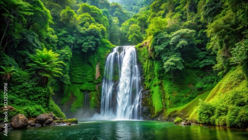 Majestic Waterfall in Lush Greenery, foliage, green forest,  foliage, green forest