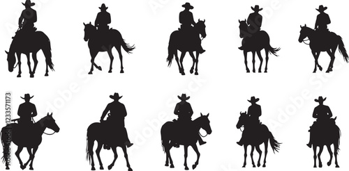 Cowboys on horses silhouettes on a white background Cowboy riding horse, Cowboy galloping with lasso, Vector illustrations isolated on white background