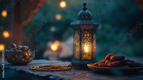 Ramadan lantern with rosary and dates on a festive holiday table, traditional islamic decorations for celebration photo