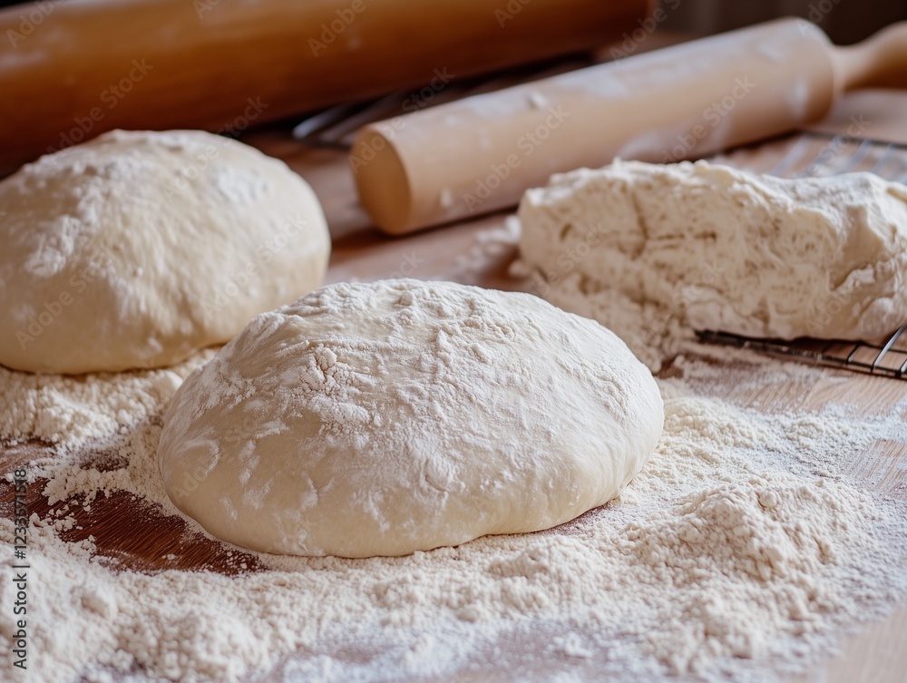 Freshly kneaded dough rests on a wooden surface, surrounded by flour and a rolling pin, ready for baking. Freshly kneaded dough rests on a wooden surface, surrounded by flour and a rolling pin, ready for baking.