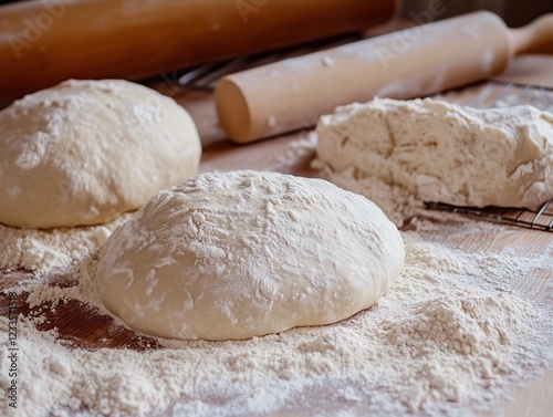 Freshly kneaded dough rests on a wooden surface, surrounded by flour and a rolling pin, ready for baking.